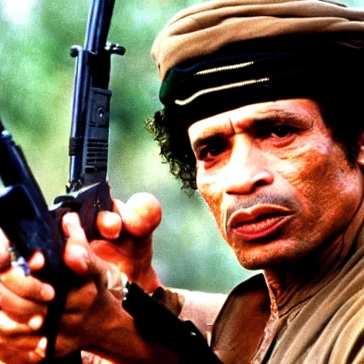 Image similar to A still of Muammar Gaddafi as Rambo in Rambo First Blood (1982)