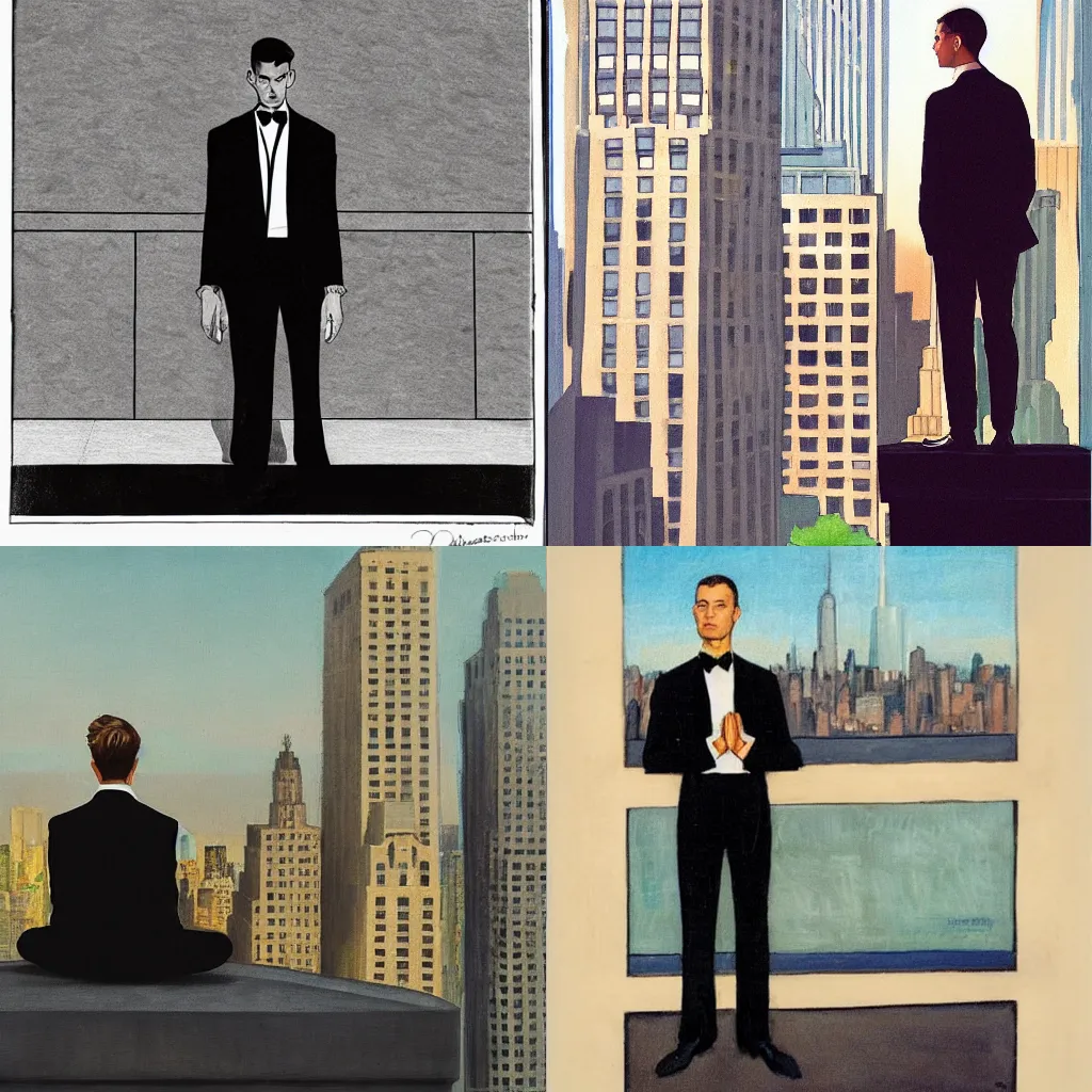 Prompt: man in black suit, meditation pose, new york buildings, city view, leyendecker style