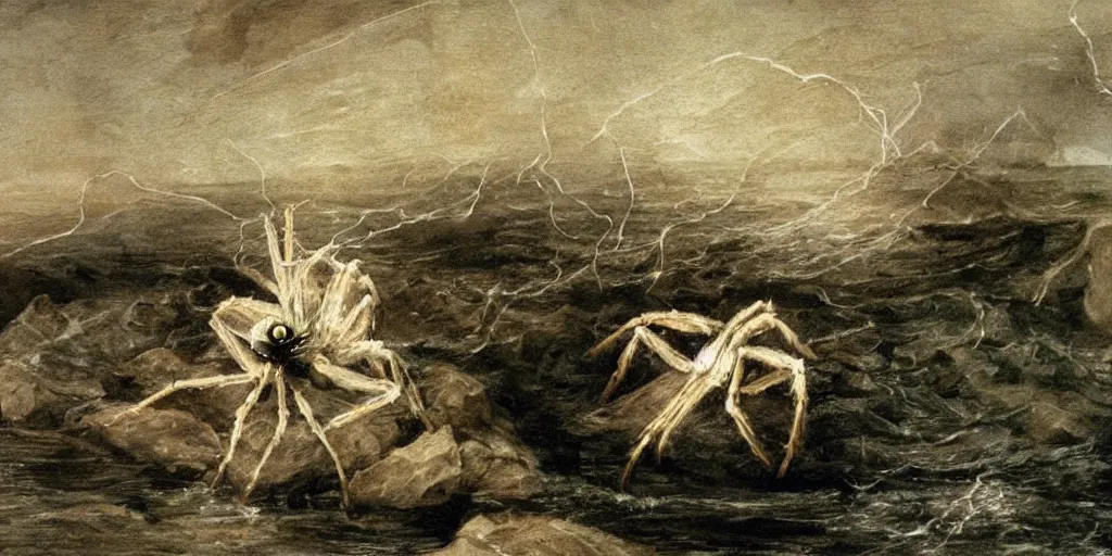 Image similar to hyperrealism Baptism on the river, monster spider in style of Goya