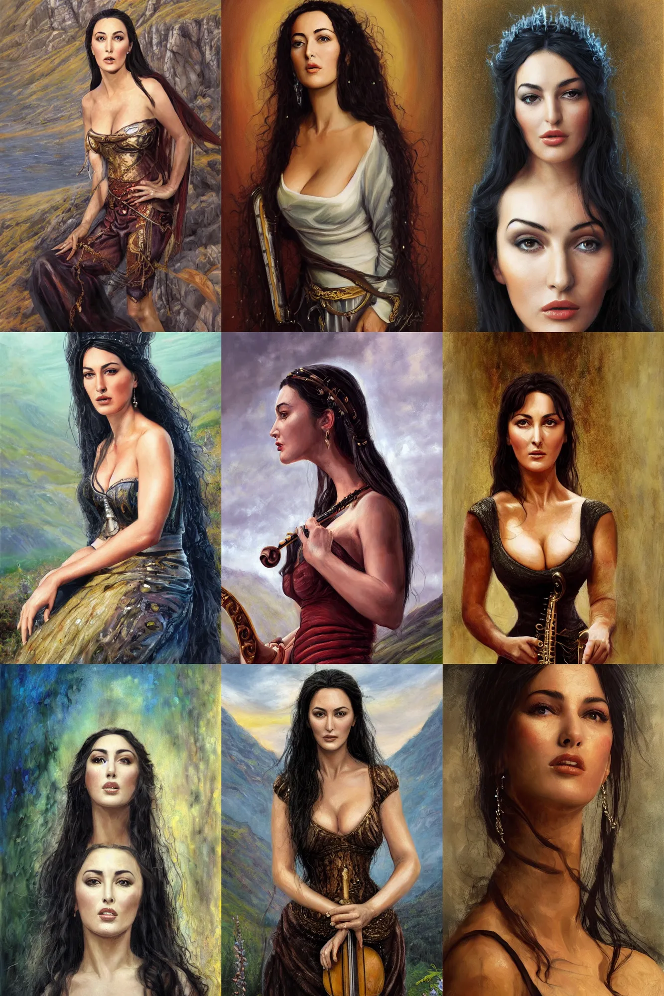 Image similar to a full body high detail fantasy portrait oil painting illustration of young monica bellucci as a beautiful sophisticated singing bard woman by justin sweet with face and body clearly visible, in a scenic background, pupils visible, realistic proportions, d & d, rpg, forgotten realms, artstation trending, high quality, sombre mood, artstation trending, muted colours, entire person visible!