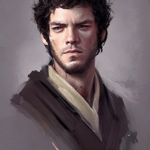 Prompt: portrait of a man by greg rutkowski, jedi kinght that looks like adam brody, messy brown hair, star wars expanded universe, he is about 3 0 years old, highly detailed portrait, digital painting, artstation, concept art, smooth, sharp foccus ilustration, artstation hq