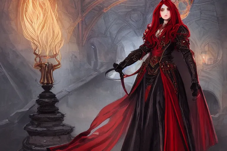 Image similar to female archmage, academy headmaster, long red hair, black and red ornate!!! dress,, d & d, castle hallway background highly detailed, digital painting, artstation, concept art, sharp focus, illustration, cinematic lighting, art by artgerm and greg rutkowski and alphonse mucha