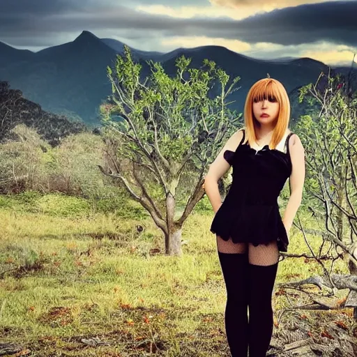 Image similar to misa amane looking away, standing near a dead tree with mountain in the background, sunset with cloudy skies, in a different realm, award winning dslr photography, clear image, global illumination, radiant lighting, intricate environment