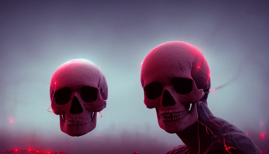 Image similar to Photorealistic Skull covered in thin red strings Surrounded by thick fog and puffy magical clouds that glow from lights in the distance, volumetric lighting, haze, atmosphere, magical lighting, digital art, wallpaper, octane, redshift, creepy, shallow depth of field