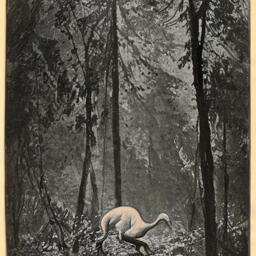 Image similar to daguerrotype of a velociraptor sighting in a dense forest 1 8 8 5