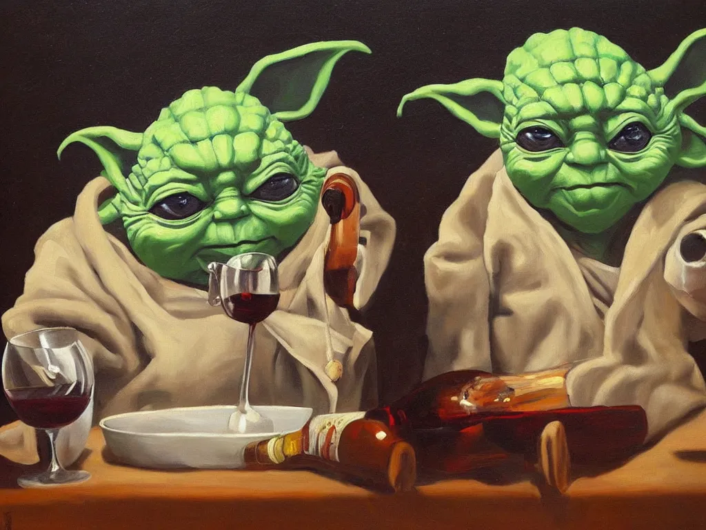 Image similar to an old oil painting of a dizzy yoda drinking wine, trending on artstation