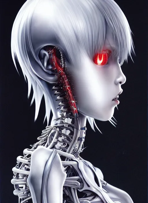Image similar to Rei Ayanami by Yoshitaka Amano, by HR Giger, biomechanical, profile portrait, 4k, wide ayes, hyper detailed, hyperrealism, anime, deviantart artstation
