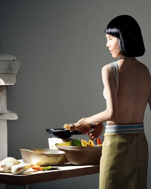 Image similar to wide shot photoshoot of tao okamoto preparing a meal, 8 k, photorealistic