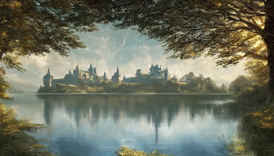 Image similar to portrait of a large lake with a castle surrounded by woodland, highly detailed, sunny, blue sky, cinematic lighting, highly angle, godrays, volumetric, photorealistic, digital art painting by greg rutkowski