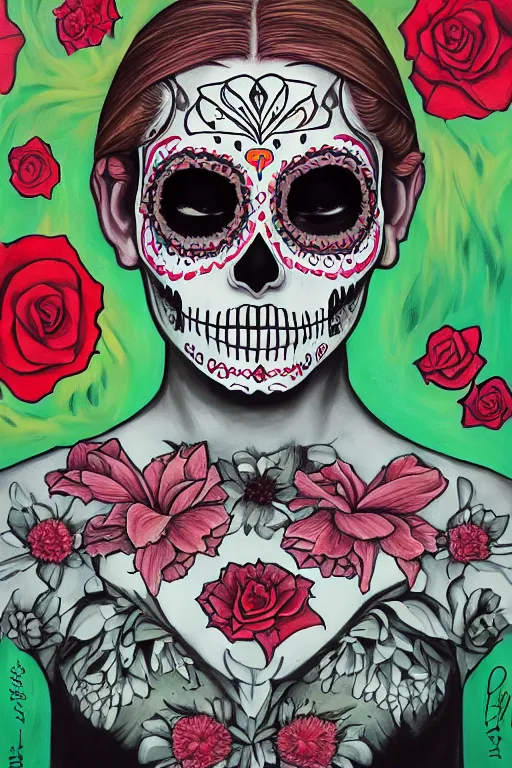 Prompt: Illustration of a sugar skull day of the dead girl, art by sean yoro