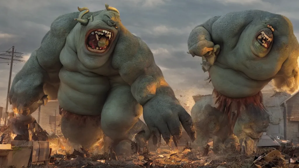 Image similar to a huge violent angry ogre huge violent angry ogre huge violent angry ogre stomps through background smashed trailer homes, people looking on in astonishment