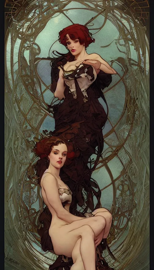Image similar to seraphine in a cute pinup pose by artgerm, greg rutkowski and alphonse mucha, concept art, matte, intricate, full body, epic composition