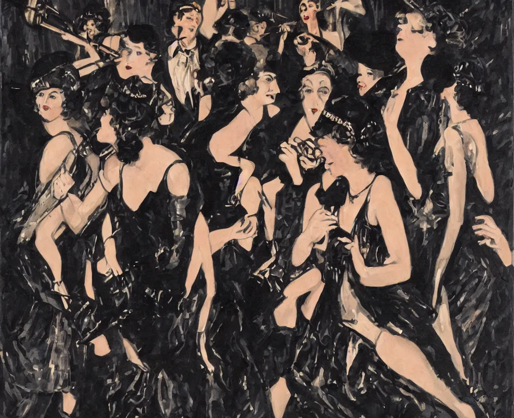 Prompt: realistic painting of a 1 9 2 0 s short - haired flapper woman in black satin gloves dancing with others in front of a jazz band on stage party in a dimly lit speakeasy, jazz age, precise, wide lens photography, cohesive, stylistic, cinematic, low - lighting