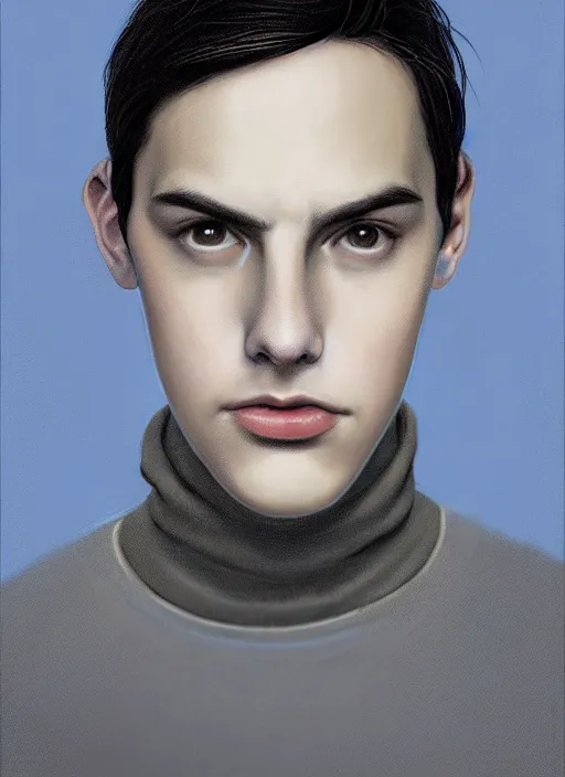 Image similar to portrait of teenage jughead jones wearing a light grey crown, crown, blue turtleneck, 1 9 5 0 s, closed eyes, photorealistic, black hair, glowing lighting, intricate, elegant, glowing lights, highly detailed, digital painting, artstation, concept art, smooth, sharp focus, illustration, art by wlop, mars ravelo and greg rutkowski