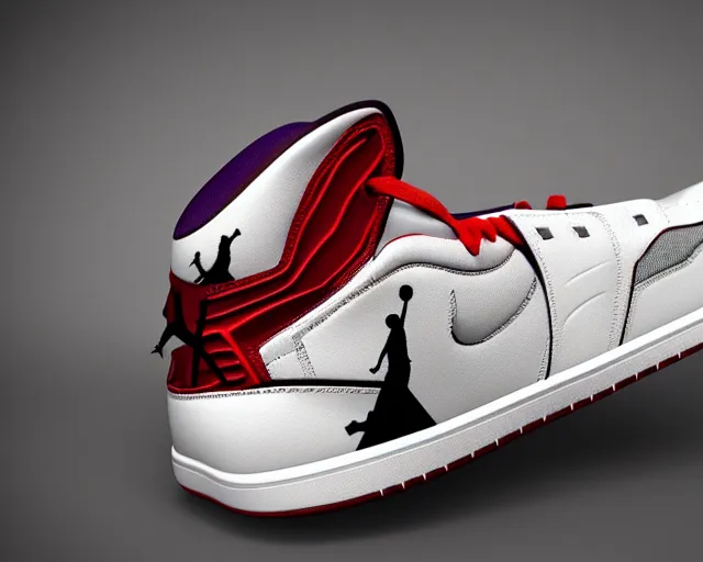 Image similar to 3D render of mid height air jordan sneakers with joker design, cinematic, studio lighting, award winning