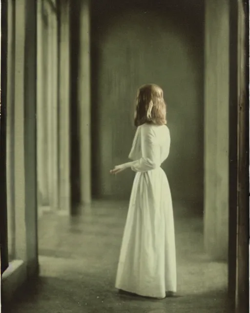 Prompt: a beautiful and eerie illustration of a pretty but horrifying young woman wearing a white dress standing in a vast and empty gallery with blood on the walls, and moonlight shining through the windows, vintage color photograph