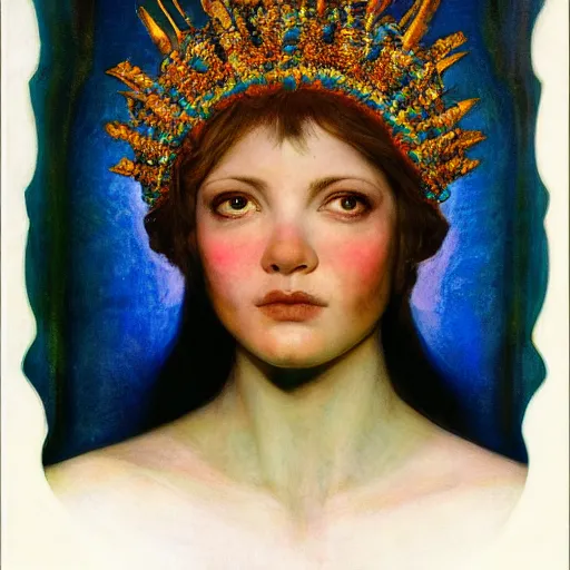 Prompt: child of the city of ice, by Annie Swynnerton and Diego Rivera and Tino Rodriguez and Maxfield Parrish, elaborate headdress, iridescent beetles, rich color, dramatic cinematic lighting, extremely detailed