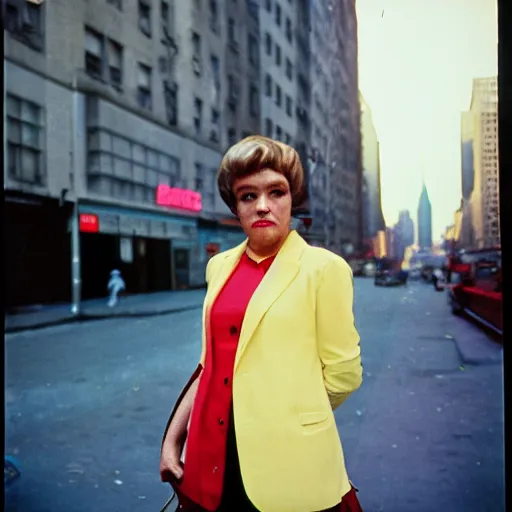Image similar to street photography portrait of a woman in a suit in the streets of new york, 1 9 6 0 s, colour film street photography, photo taken with ektachrome, featured on flickr, photographed on damaged film