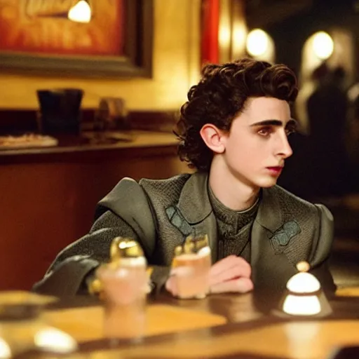 Image similar to timothee chalamet sitting at quark's bar on deep space nine, 3 5 mm photography, highly detailed, cinematic lighting, 4 k