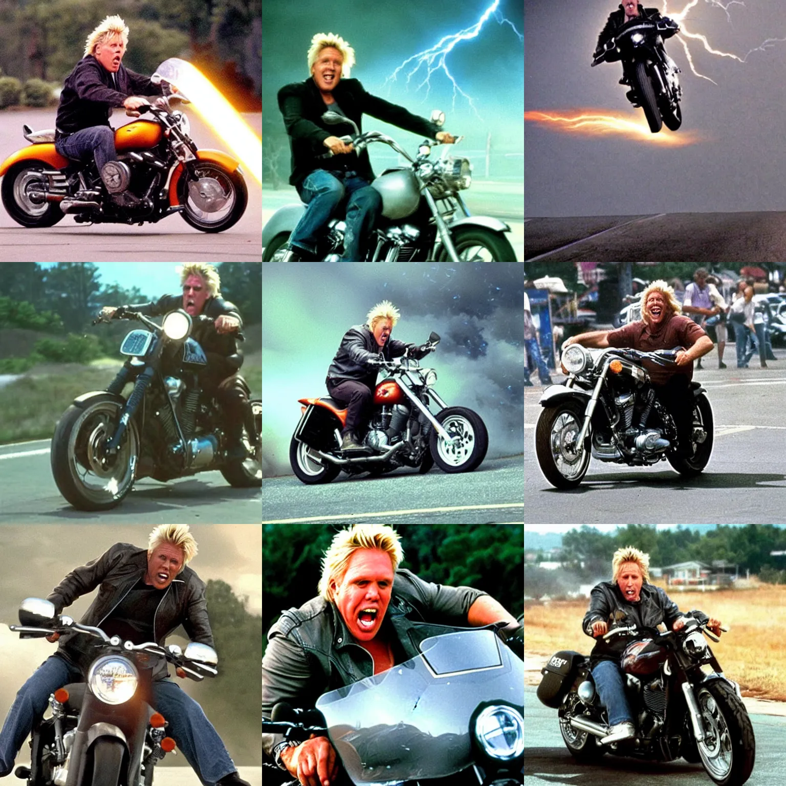 Prompt: gary busey getting struck by lightning!!!!! while doing a wheelie on a motorcycle movie still