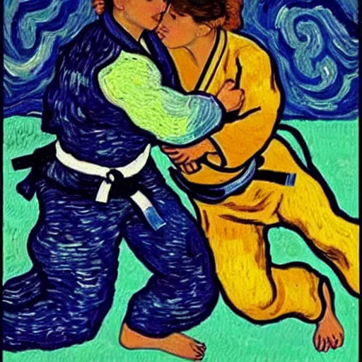 Image similar to “ two woman jujitsu, vincent can gogh ”