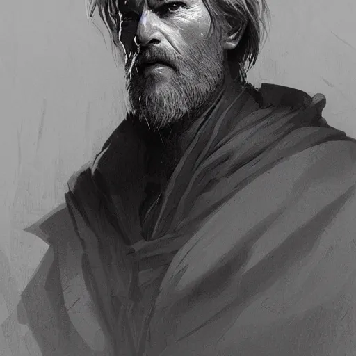Prompt: portrait of a man by Greg Rutkowski, an old Jedi, short hair in military style, beard, wise and cool appearance, gray and black robes, Star Wars Expanded Universe, he is about 60 years old, highly detailed portrait, digital painting, artstation, concept art, smooth, sharp foccus ilustration, Artstation HQ