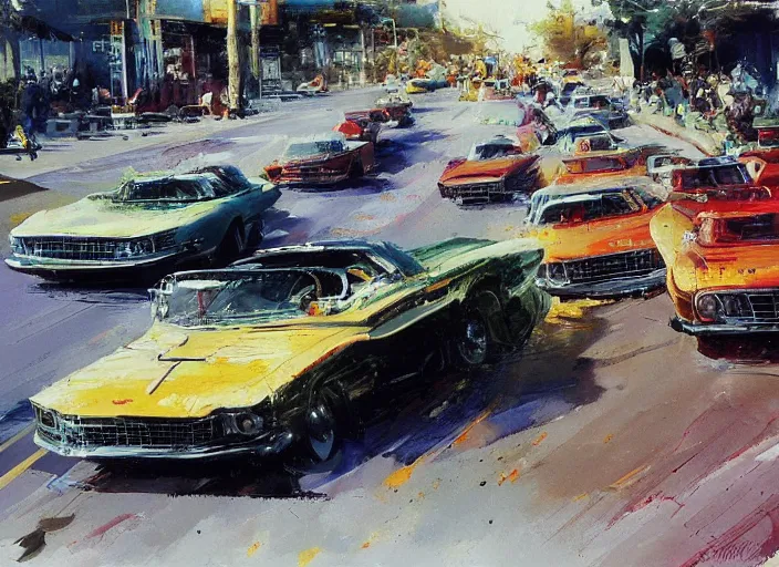 Image similar to 5 hotrods driving down a street , vintage, highly detailed, loose brush strokes, by John Berkey