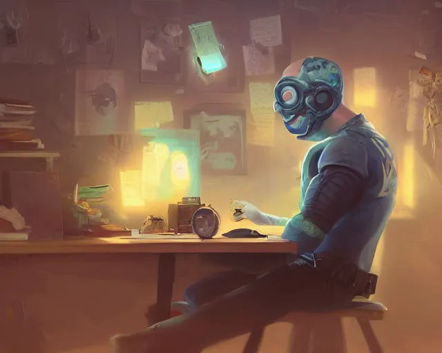 Image similar to an insanely detailed painting of a nerdy asian man wearing a superhero costume, sitting at a desk, staring at the nervously at the computer and typing, in the style of peter mohrbacher, dramatic lighting and composition, surreal background, octane render, pixar, trending on artstation, concept art, comic book, view from behind