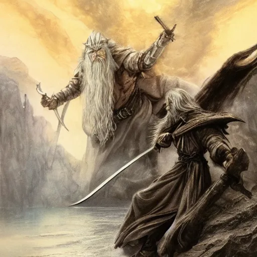 Image similar to beautiful gandalf with a sword in his hand on a bridge fighting an enormous balrog from hell, by alan lee, lord of the rings, smooth, detailed terrain, oil painting, matte painting, concept art, trending on artstation