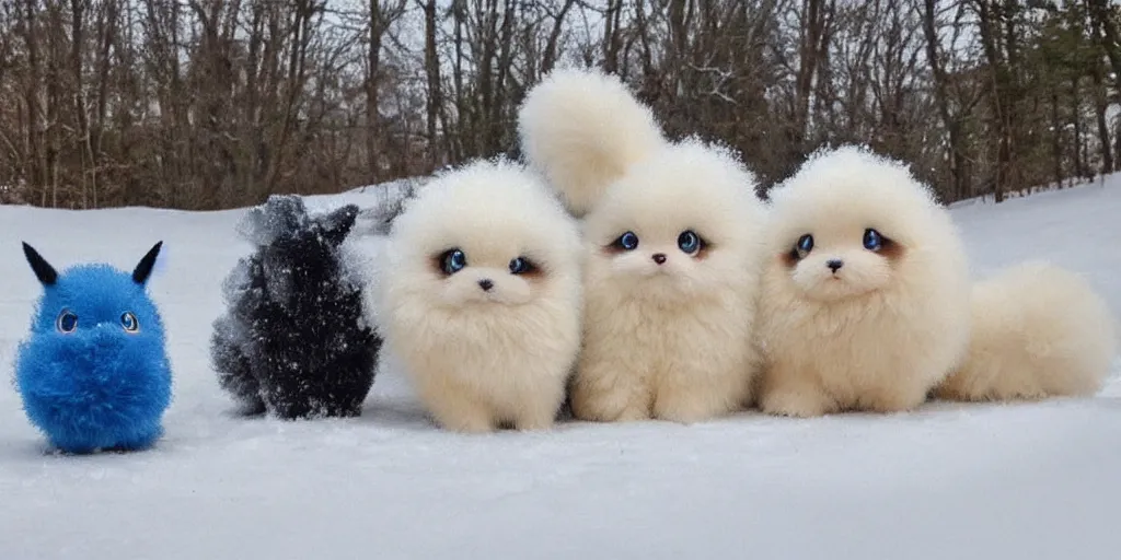 Image similar to real life pokemons, cute!!!, content!!!, mischievous!!!, adorable!!!, fluffy!!!, ultra realistic!!!, winter, blanket of snow, 4 0 0 0 kelvin, golden hour, sharp focus