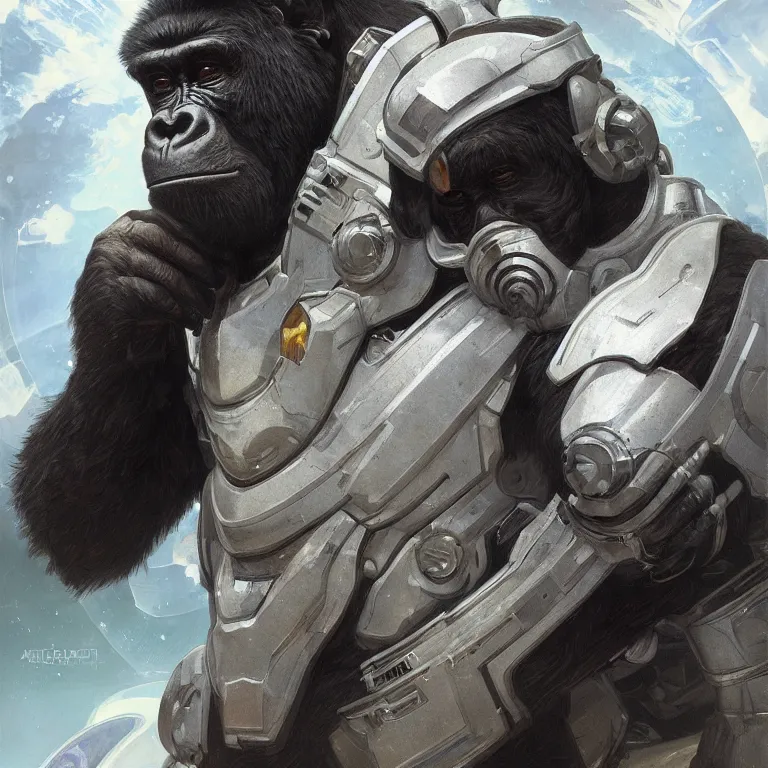 Prompt: a highly detailed science-fiction character portrait of a serious gorilla wearing a white armored space suit, intricate, wild, digital painting, artstation, concept art, smooth, sharp focus, illustration, art by artgerm and greg rutkowski and alphonse mucha