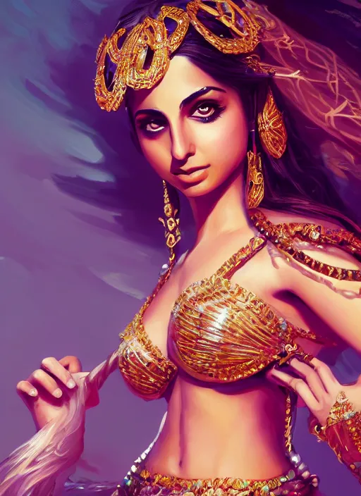 Image similar to a highly detailed illustration of naomi scott as arabian belly dancer, elegant pose, intricate, elegant, highly detailed, centered, digital painting, artstation, concept art, smooth, sharp focus, league of legends concept art, wlop.