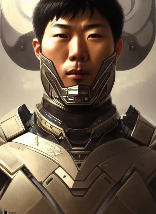 Image similar to Symmetry!! portrait of a japanese man, warrior in sci-fi armour, tech wear, muscular!! sci-fi, intricate, elegant, highly detailed, digital painting, artstation, concept art, smooth, sharp focus, illustration, art by artgerm and greg rutkowski and alphonse mucha