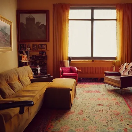 Image similar to wes anderson style interior, vermeer lighting, imax 4 0 mm anamorphic lens, kodak vision 3 2 0 0 t 5 2 1 3 1 2 8 0 x 8 0 4