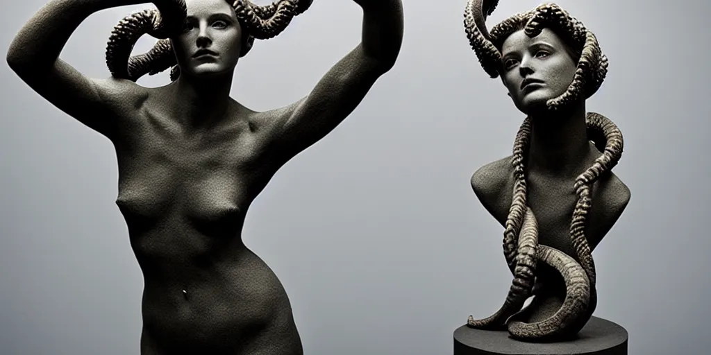 Image similar to modern sculpture, young woman as medusa, multiple poses, prominent jawline