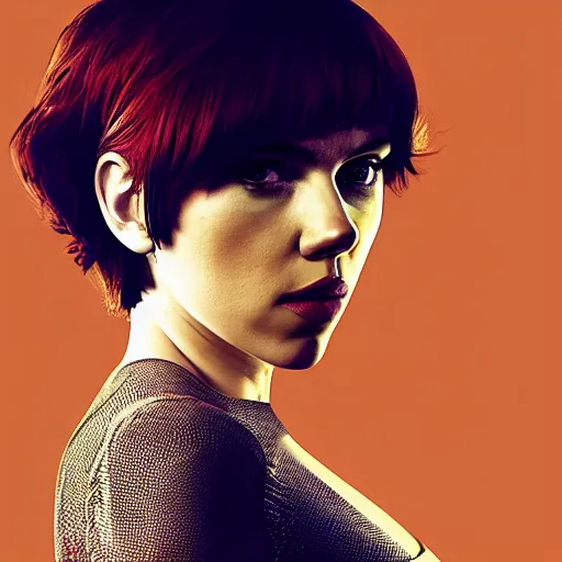 Image similar to a medium - shot of scarlett johansson looking into the distance, beautiful light failling on her face, chin - length bob with bangs hairstyle, in the style of the ghost in the shell, by annie leibowitz