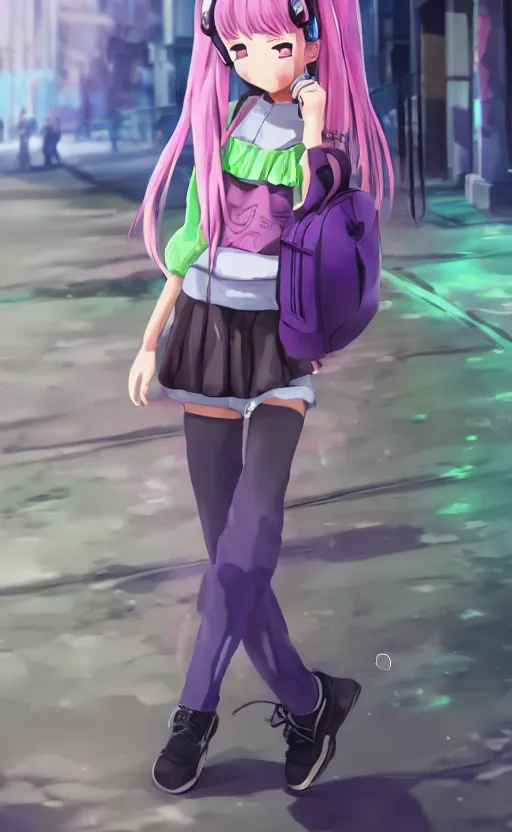 Image similar to anime girl with pink ponytail, wearing purple headphones, wearing a green sweater, with a smile on her face and her eyes closed, walking down a street, dynamic lighting, photorealistic fantasy concept art, trending on art station, very detailed, anime concept art, stunning visuals, creative, cinematic, ultra detailed