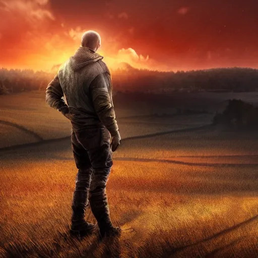 Prompt: putin in a cast and wounded standing at the edge of a large cornfield staring out in the distance at a sunset, photography, highly detailed landscape, intense fantasy atmospheric lighting, hyperrealistic, spectacular mountains, bright clouds, luminous stellar sky, solar flare unreal engine, hd