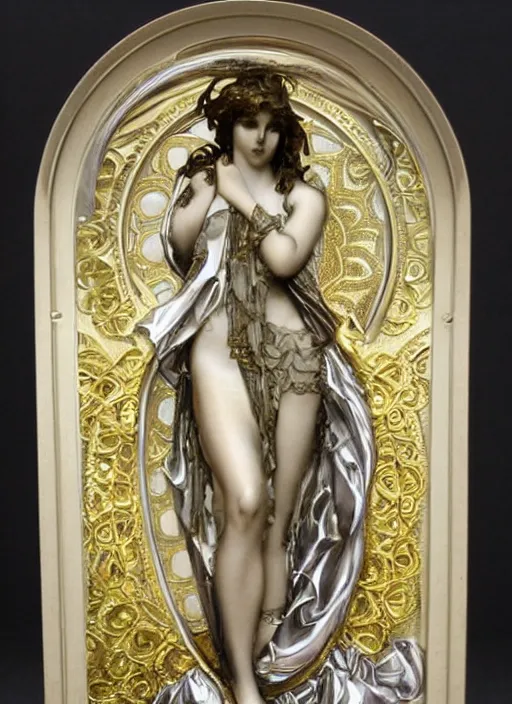 Prompt: Goth girl, fractal silver and gold sculpture by Alphonse Mucha