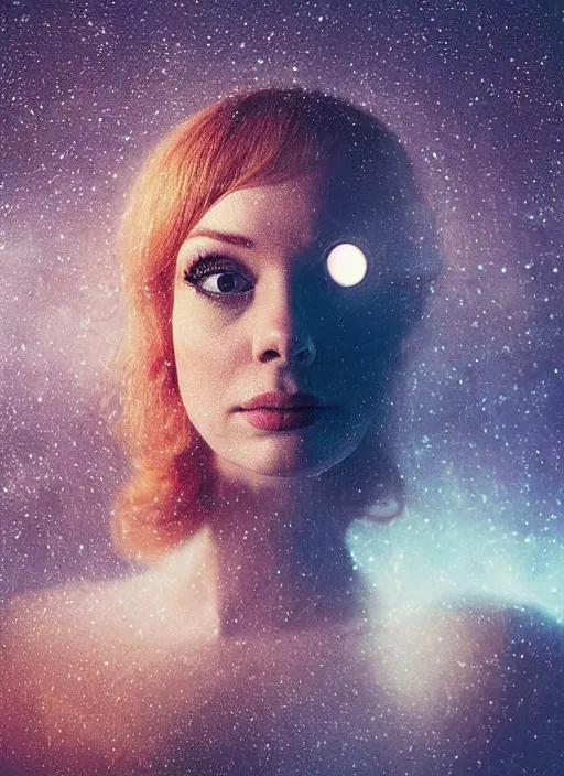 Image similar to upper body photograph portrait of a very pretty!!! christina hendricks in starfield, symmetric face, petzval lens. out of focus, in an astronaut costume. futuristic helmet with neck protection, space station. by alesio albi and george lucas and stanley kubrick