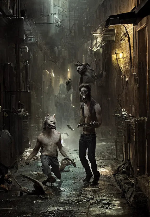 Image similar to a werewolf fighting a vampire in a dark brisbane alley, hd digital photography by gregory crewdson, hdr.