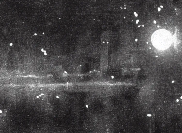 Prompt: vintage film still of the moon exploding shattering fragments in the sky around the exploding moon over new york city in the 1 9 2 0 s from the old sci - fi movie