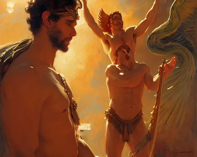 Image similar to attractive pagan male deity, summoning handsome lucifer morning star. highly detailed painting by gaston bussiere, craig mullins, j. c. leyendecker 8 k