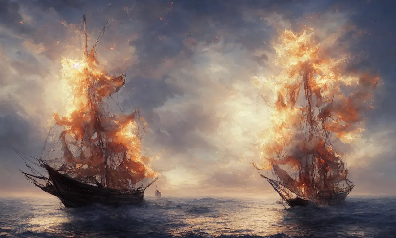 Image similar to a beautiful digital painting of a white caravel on fire flying in the clouds, birds and embers in the sunlight, numerous burning ropes and intricated sails, blue sky at sunset, elegant, highly detailed, artstation, concept art, matte, sharp focus, art by tom bagshaw, kelogsloops and greg rutkowski