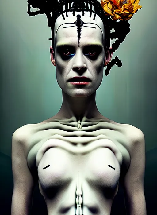 Image similar to portrait of kristen mcmenamy as a futuristic bride of frankenstein, kintsugi, modern fine art, fractal, intricate, elegant, highly detailed, digital photography, subsurface scattering, by jheronimus bosch and greg rutkowski,