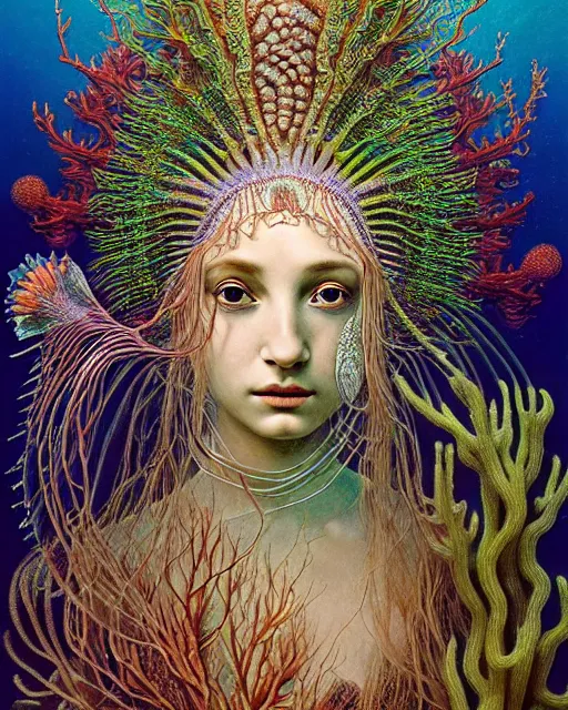 Image similar to realistic detailed underwater portrait of the beutiful young goddess of the fish of the three times with an intricate headdress of corals, sea kelp, sea plants, fish, jellyfish, art by ernst haeckel, zdzisław beksinski, gothic, neo - gothic, ornamental,