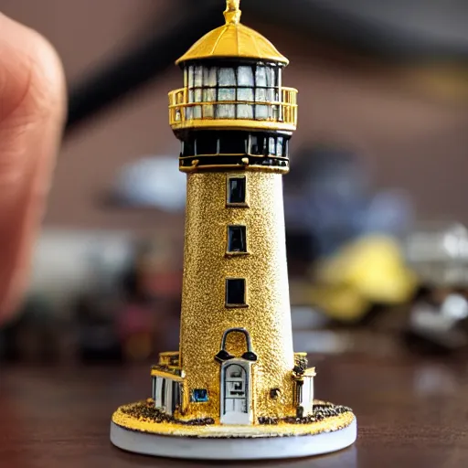 Image similar to an ornate lighthouse 28mm miniature, detailed with white and gold filagree and goldleaf decorative elements, sitting on a desk, painstaking detail, black lacquer, glossy shiny reflective, splashed with graffiti art