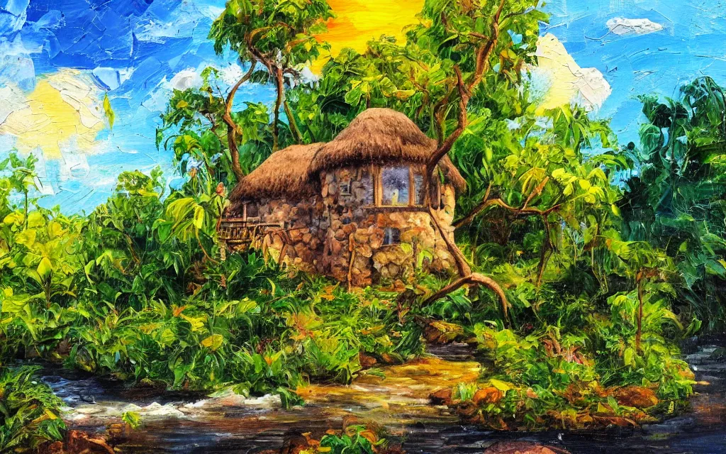 Prompt: a small island with a cozy cottage, tropical forest, river, waterfall, windmill, garden courtyard, sunset, puffy clouds, dynamic lighting, thick brush strokes oil impasto painting