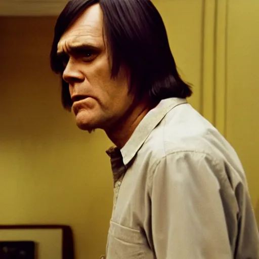 Image similar to Jim Carrey as Anton Chigurh, portrait, cinematic, kodak 2383 film