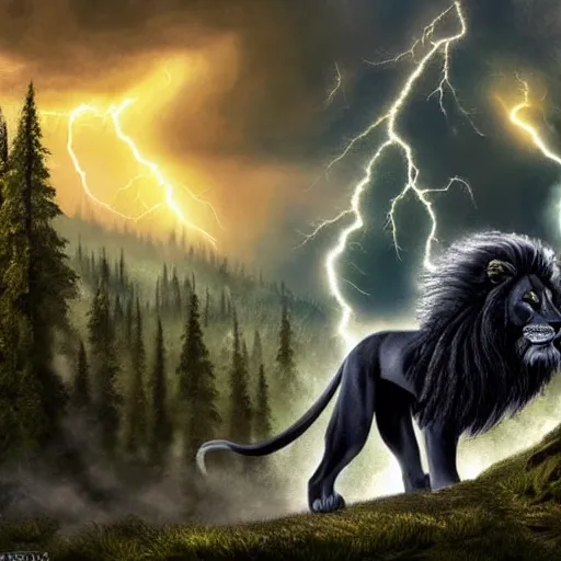 Image similar to black lion's god with body made from gold lightnings surrounded by epic forest and mountains, colossal scale, cinematic shot, hyperdetails, by Evgeniy Antonenkov and Axel Scheffler